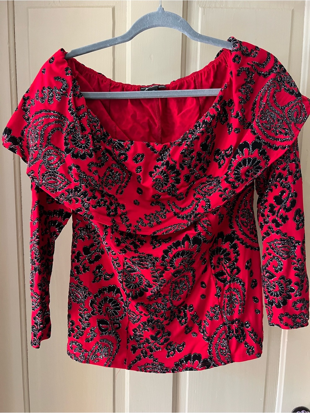 Off-Shoulder Red Sequin Paisley Blouse for Women